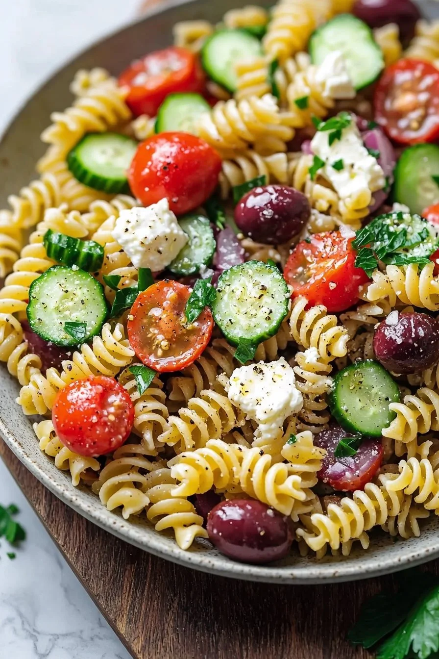 Colorful Mediterranean Pasta Salad with fresh vegetables and herbs