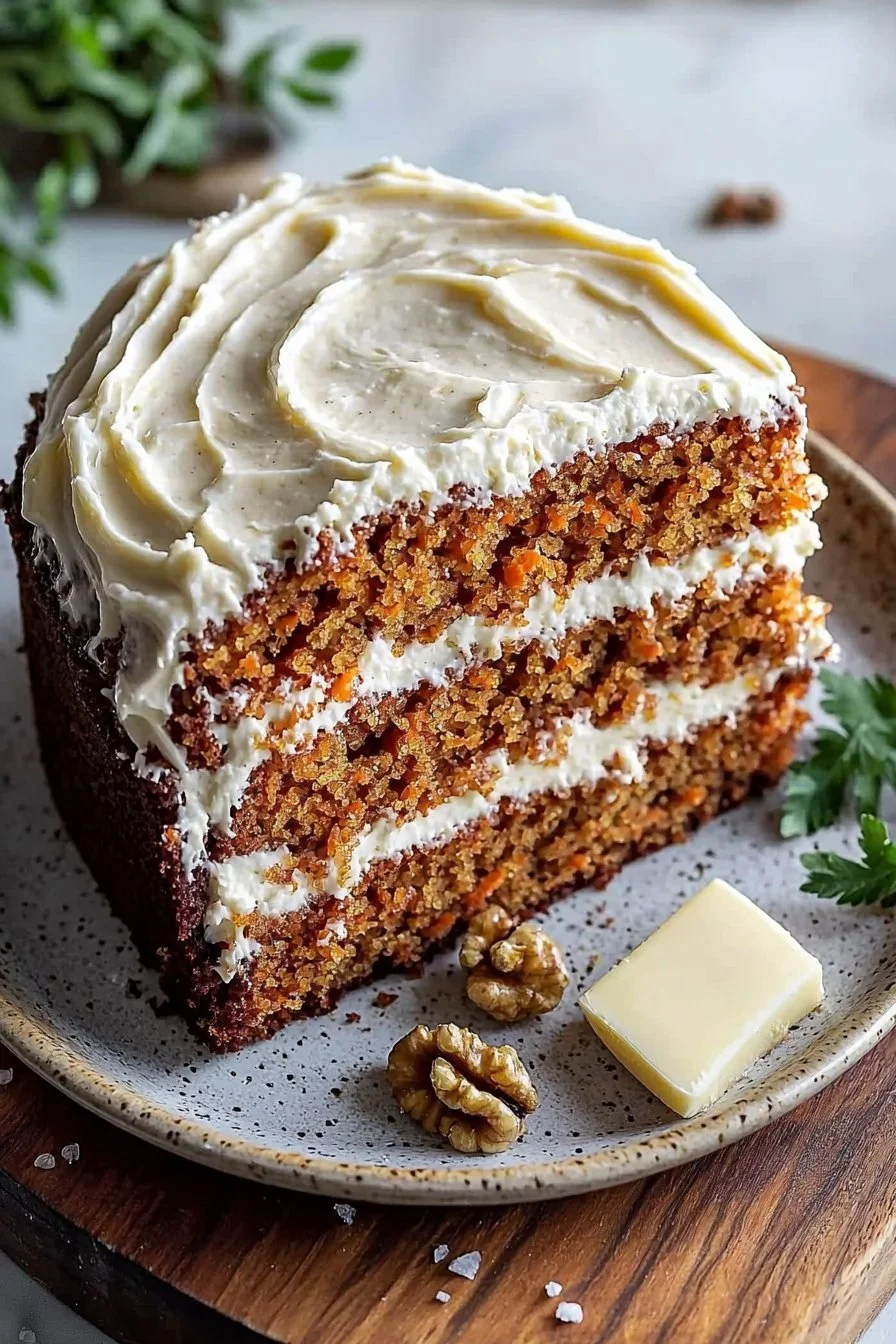Moist carrot cake with cream cheese frosting on a rustic wooden table