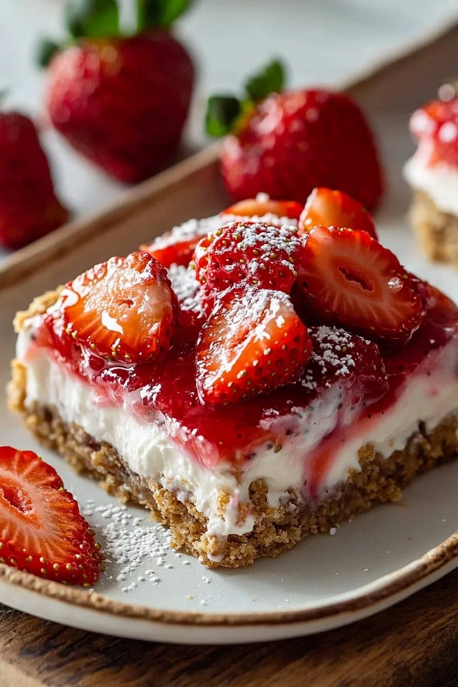 Delicious no bake strawberry cheesecake bars on a plate
