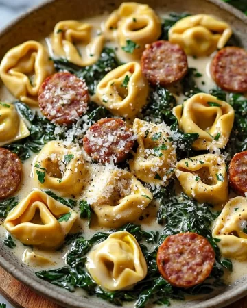 One-Pan Creamy Garlic Spinach Tortellini with sausage dish