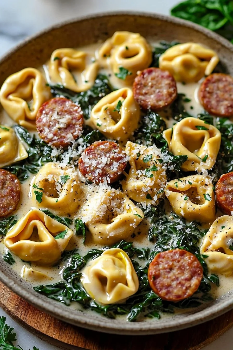 One-Pan Creamy Garlic Spinach Tortellini with Sausage