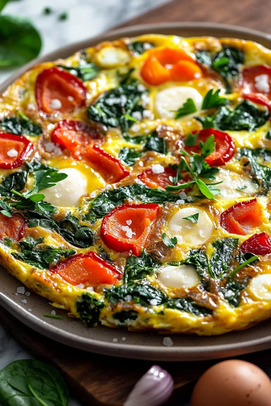 One pan egg frittata with colorful veggies cooked to perfection