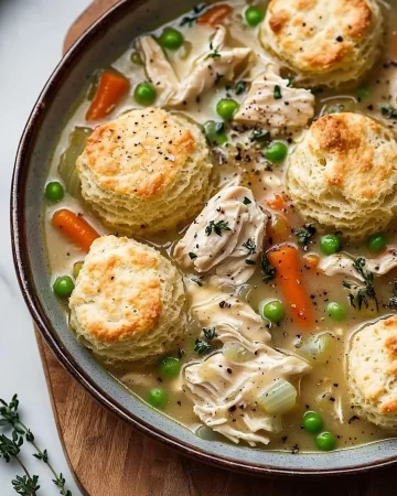 One Pot Chicken and Dumplings served with flaky biscuits