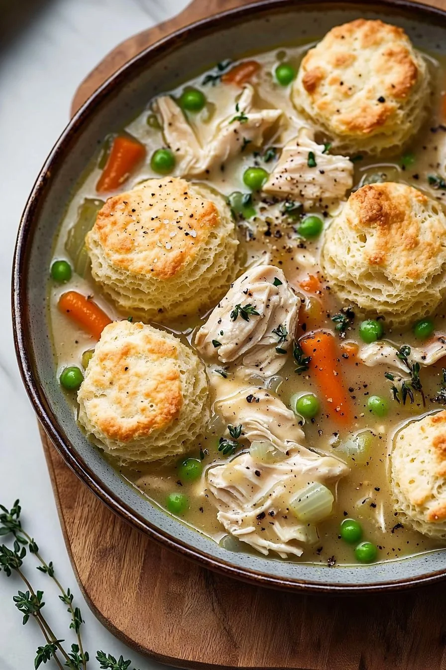 One Pot Chicken and Dumplings served with flaky biscuits