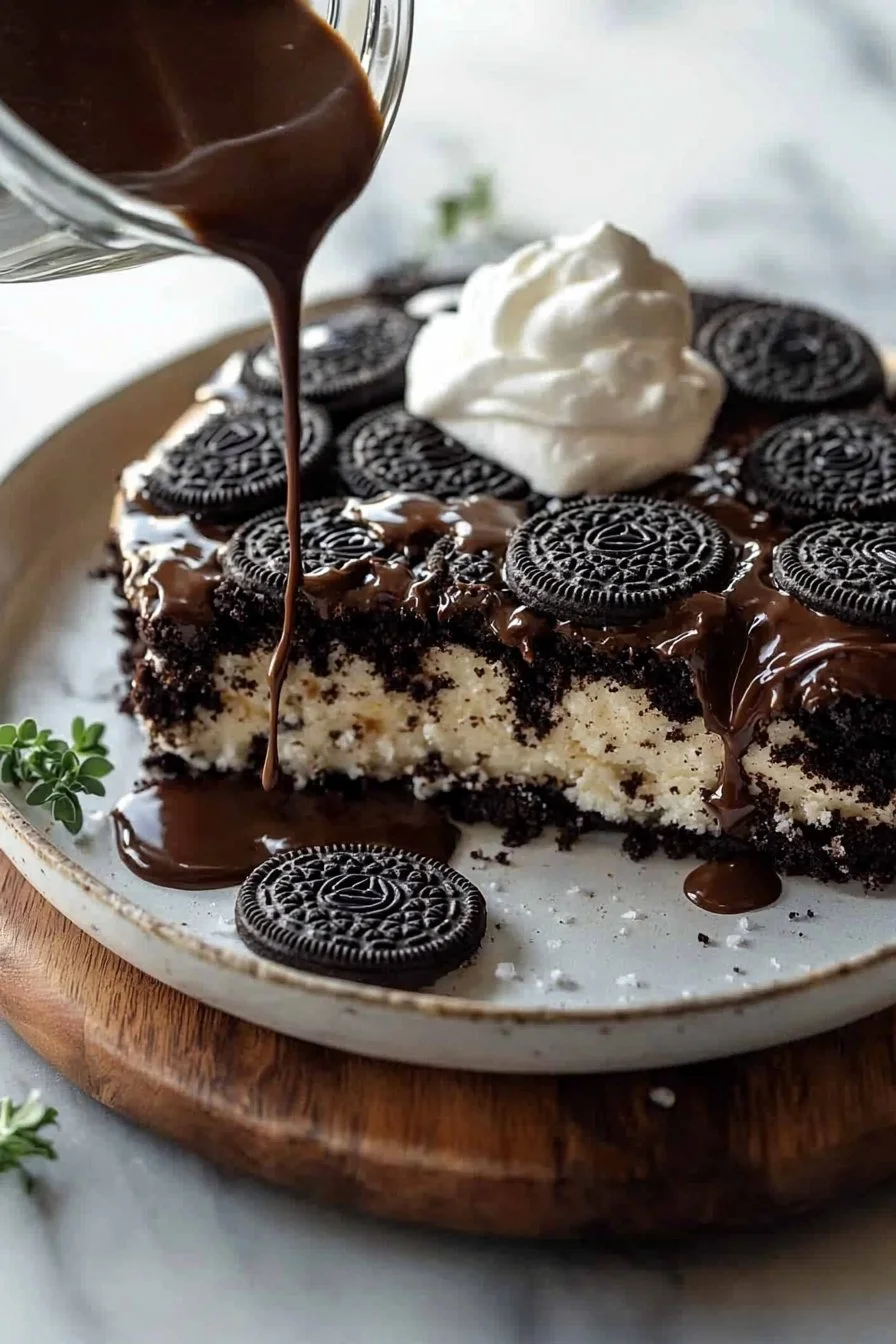 Delicious Oreo Dump Cake topped with crushed Oreos and whipped cream