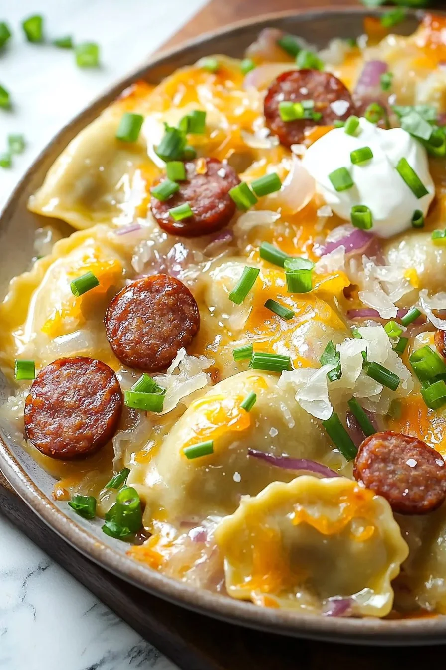 Delicious Pierogi Casserole with Sausage served in a baking dish.