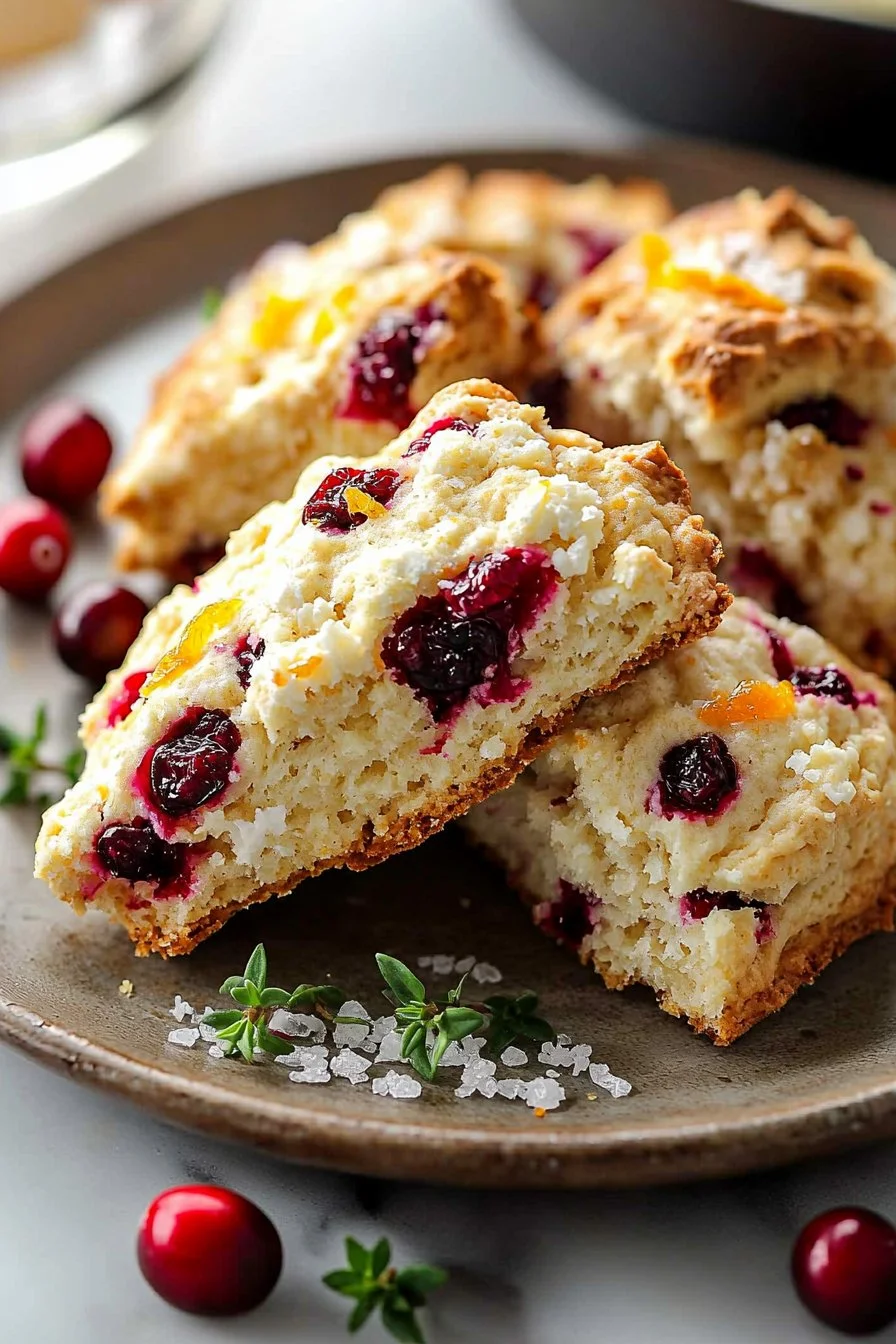 Freshly baked cranberry orange scones on a wooden serving board.
