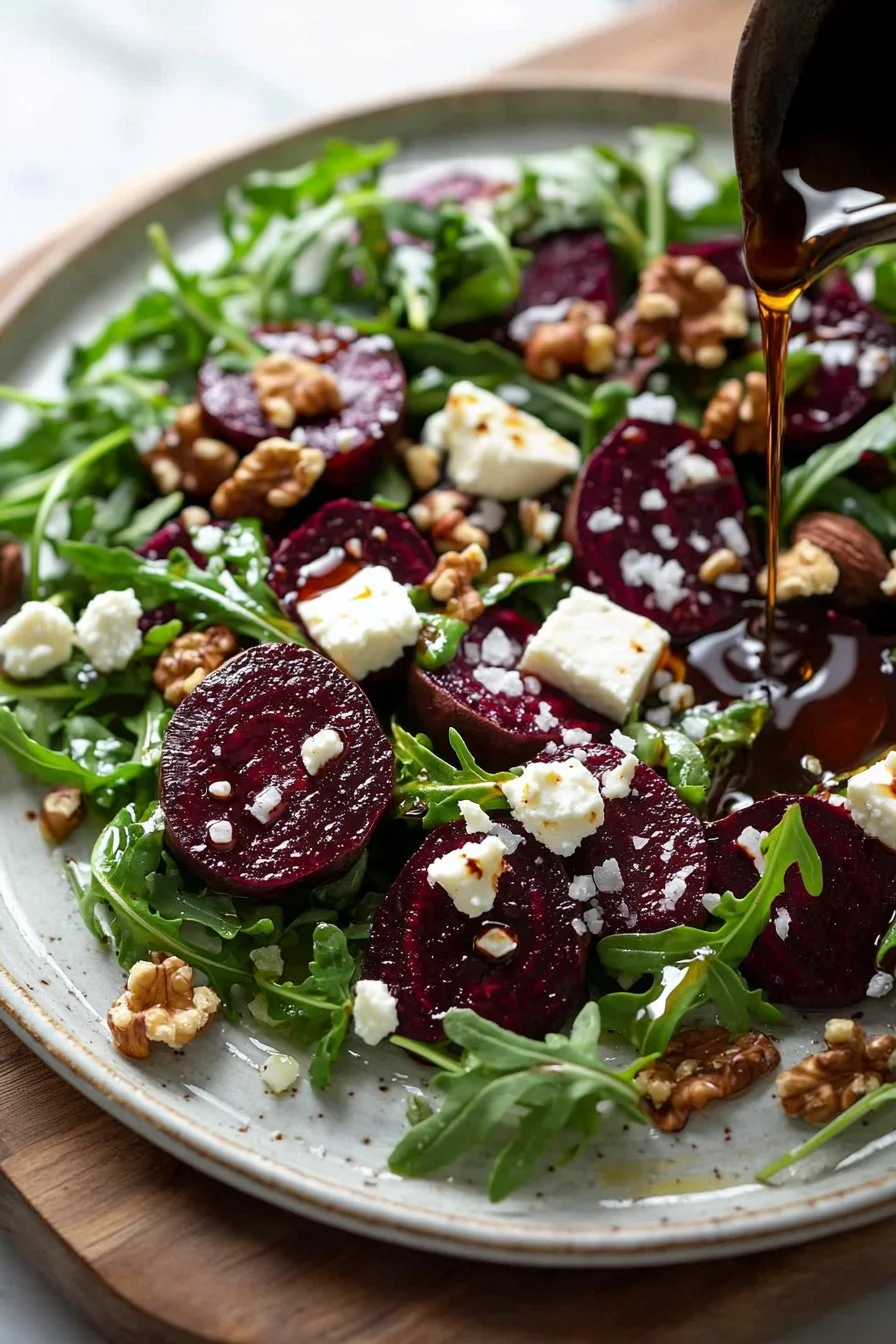 Roasted beet and arugula salad garnished with nuts and feta cheese