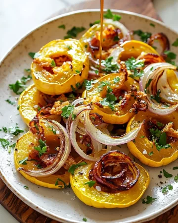 Plate of roasted delicata squash with crispy onions, garnished for serving.