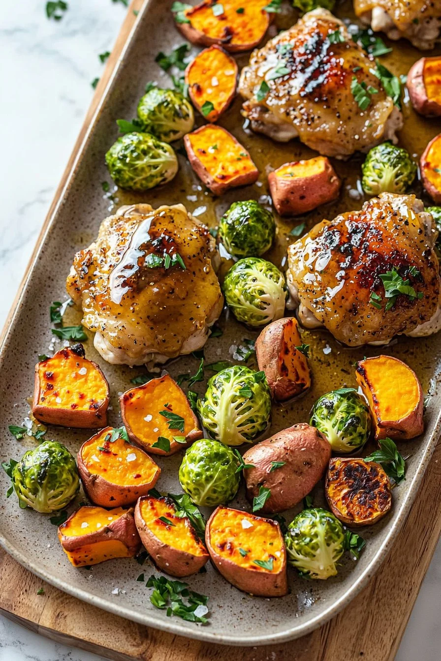 Sheet Pan Honey Dijon Chicken with Sweet Potatoes & Brussels Sprouts