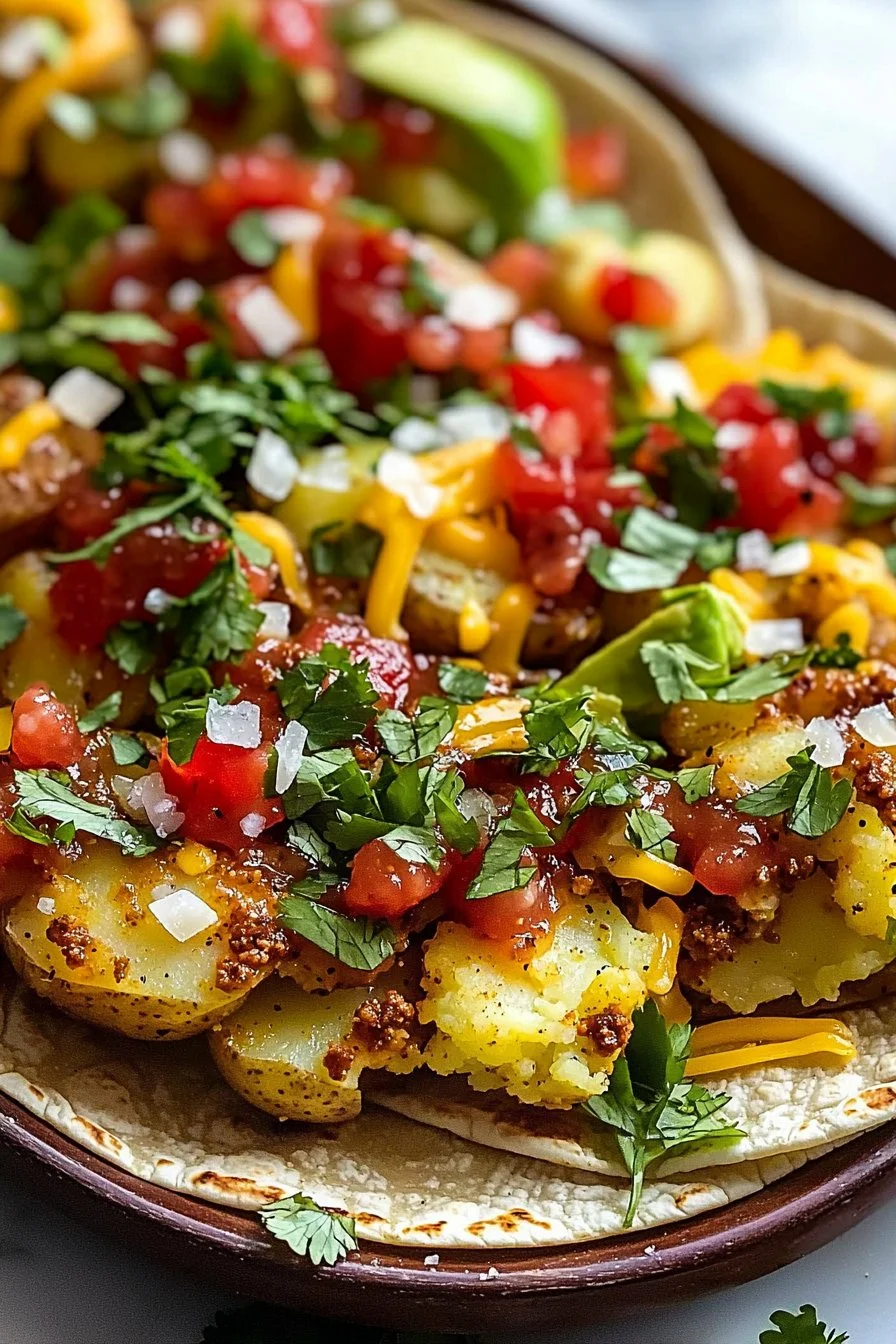 Sheet pan smashed potato tacos garnished with fresh toppings
