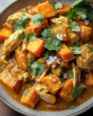 Bowl of slow cooker chicken and sweet potato curry with rice and herbs