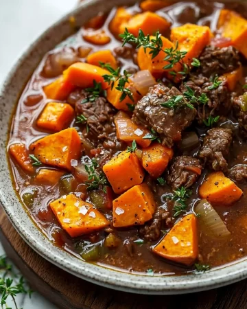 Delicious slow cooker sweet potato beef stew served in a bowl