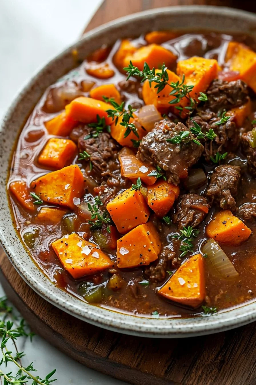 Delicious slow cooker sweet potato beef stew served in a bowl
