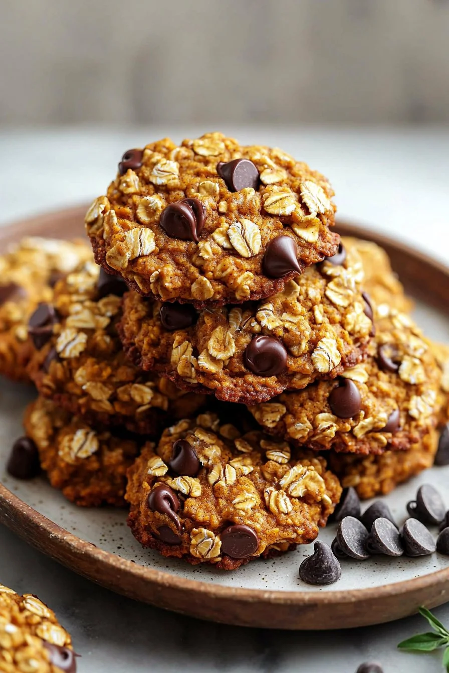 Soft and chewy pumpkin chocolate chip oatmeal cookies on a plate