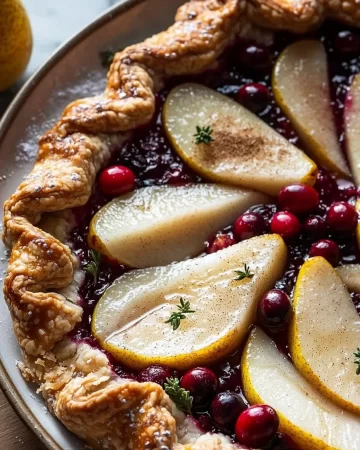 Spiced pear cranberry galette on a wooden table with fresh ingredients