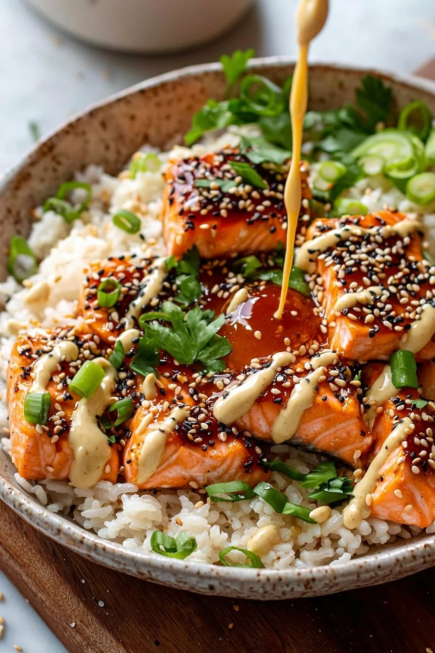 Spicy Salmon Rice Bowl with Creamy Sesame Mayo Sauce