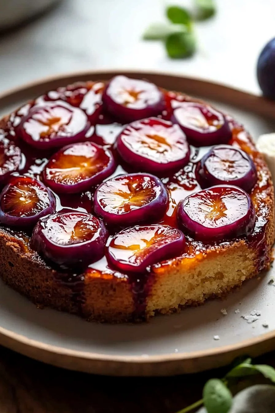 Stunning plum upside-down cake with rich caramel topping and fresh plums.