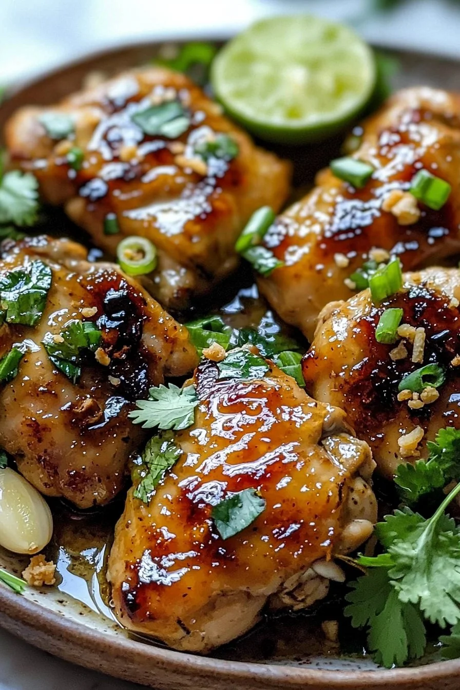 Plate of Thai Lemongrass Chicken garnished with fresh herbs