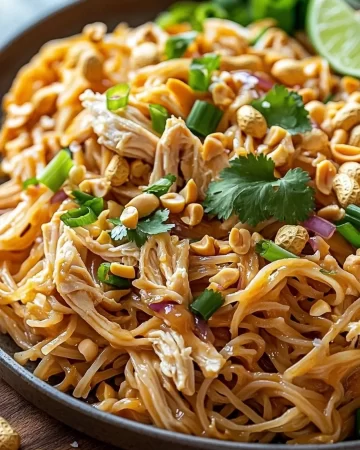 Plate of Thai Peanut Noodles topped with rotisserie chicken and garnished with peanuts
