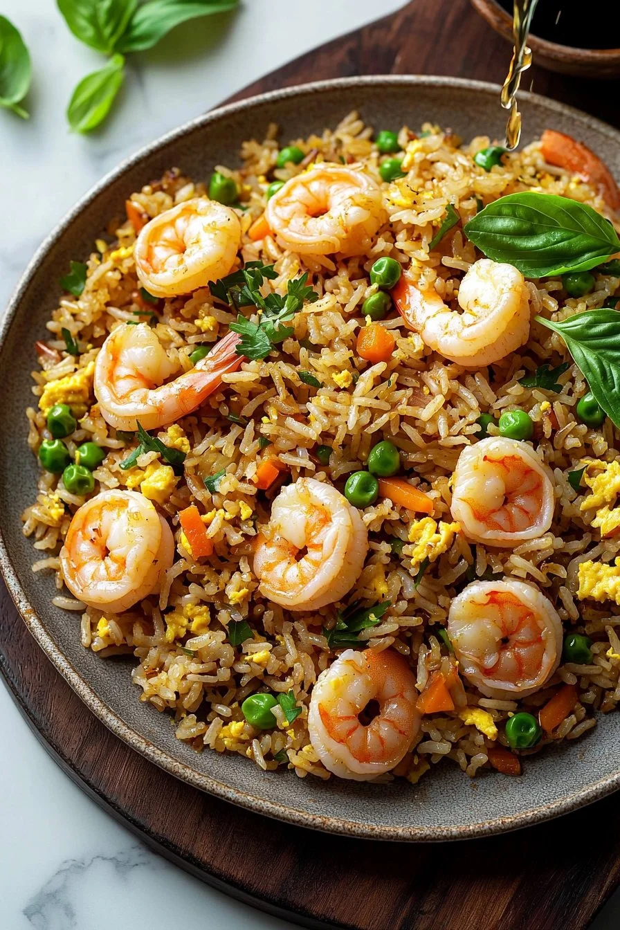 Delicious Thai Shrimp Fried Rice topped with shrimp and fresh vegetables