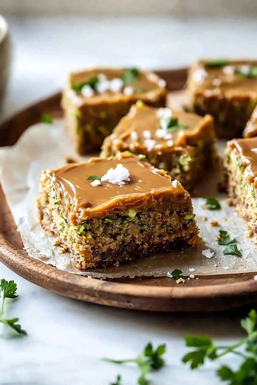 Zucchini bars with caramel frosting served on a plate