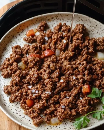 Delicious Air Fryer Ground Beef Delight served on a plate with fresh herbs.