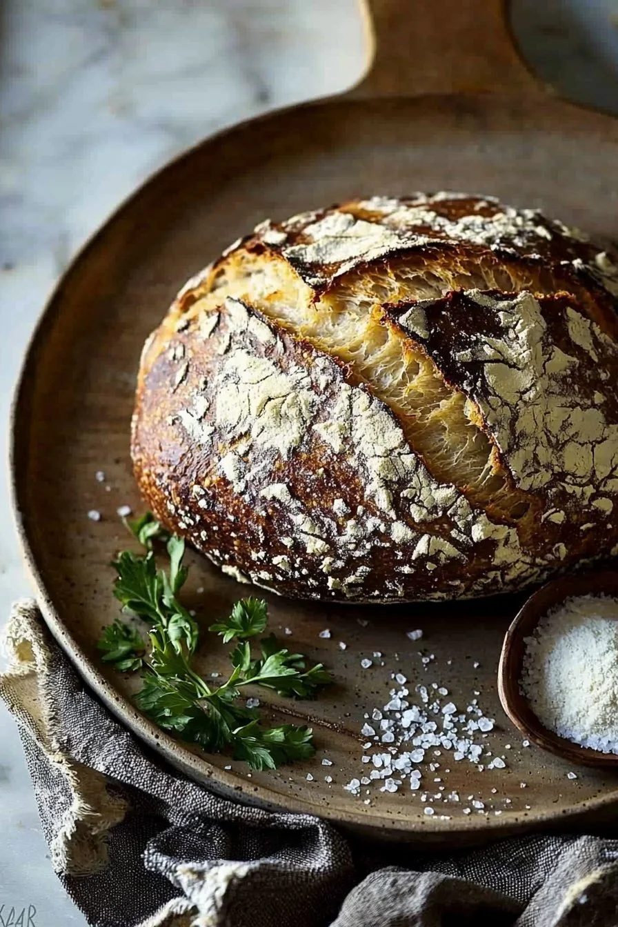 Freshly baked sourdough bread with a crispy crust and airy interior