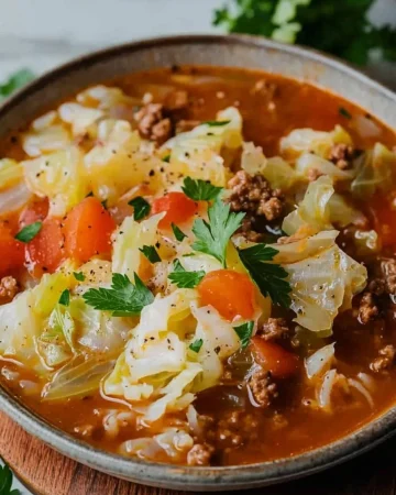 Delicious cabbage roll soup in a bowl garnished with herbs