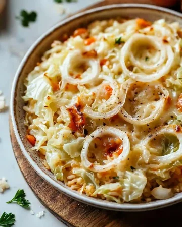 Delicious comforting cabbage casserole served in a baking dish