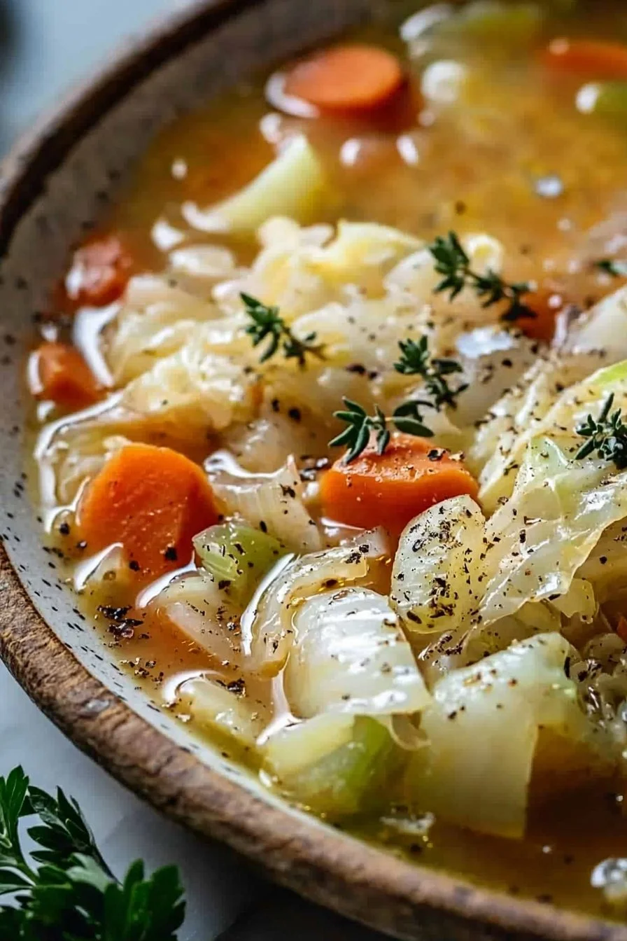 Bowl of comforting homemade cabbage soup with fresh vegetables