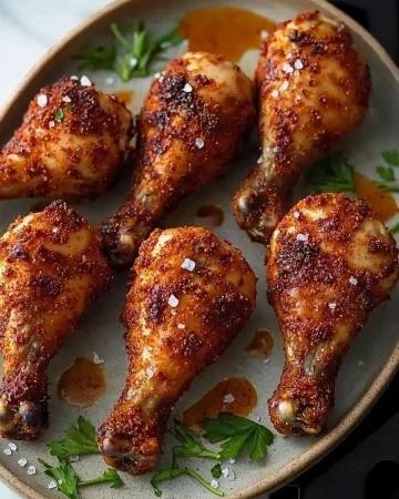 Crispy air fryer drumsticks served on a plate with herbs and spices.