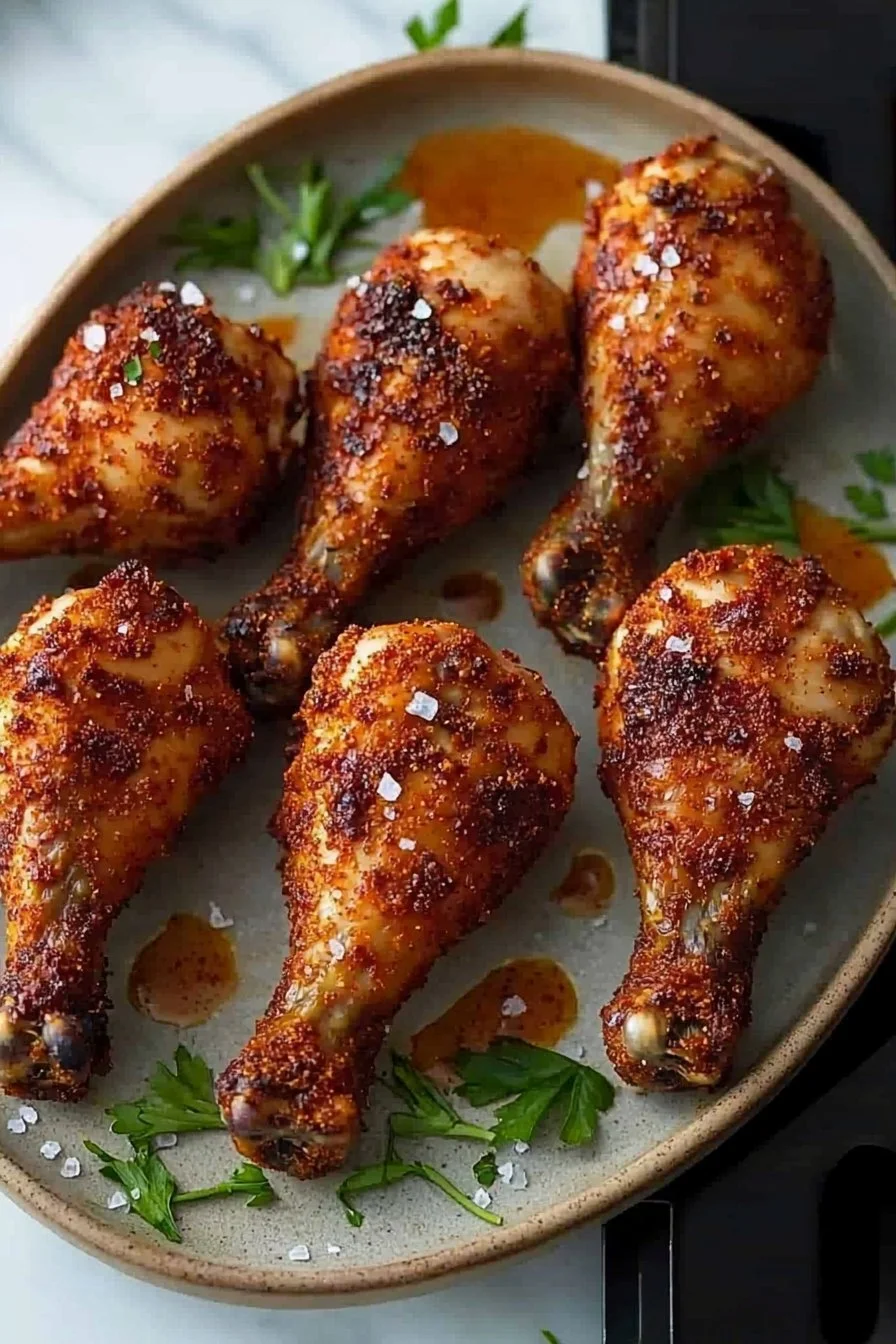 Crispy air fryer drumsticks served on a plate with herbs and spices.