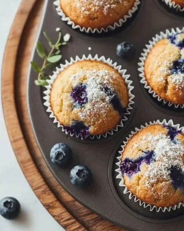 Freshly baked sourdough blueberry muffins with a golden crust and plump berries