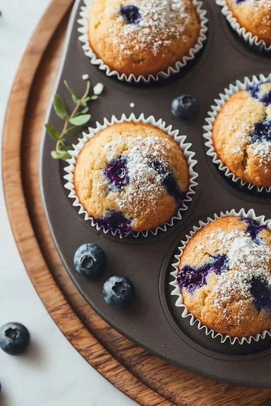 Freshly baked sourdough blueberry muffins with a golden crust and plump berries