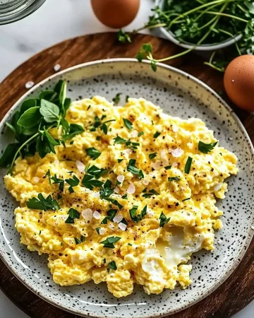 Bowl of easy cottage cheese scrambled eggs garnished with chives