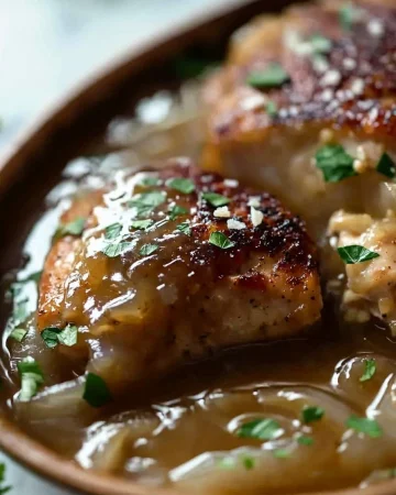 Delicious French Onion Chicken Bake topped with cheese and onions.