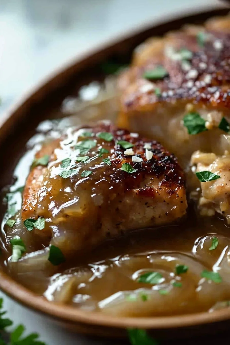Delicious French Onion Chicken Bake topped with cheese and onions.