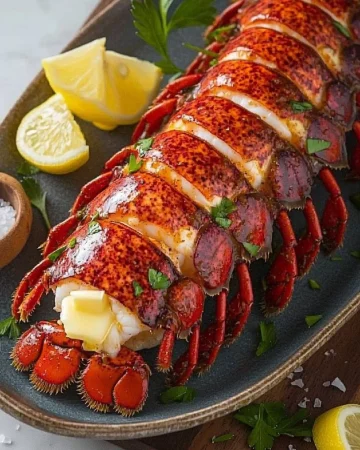 Delicious air fryer lobster tails served on a plate with lemon and herbs
