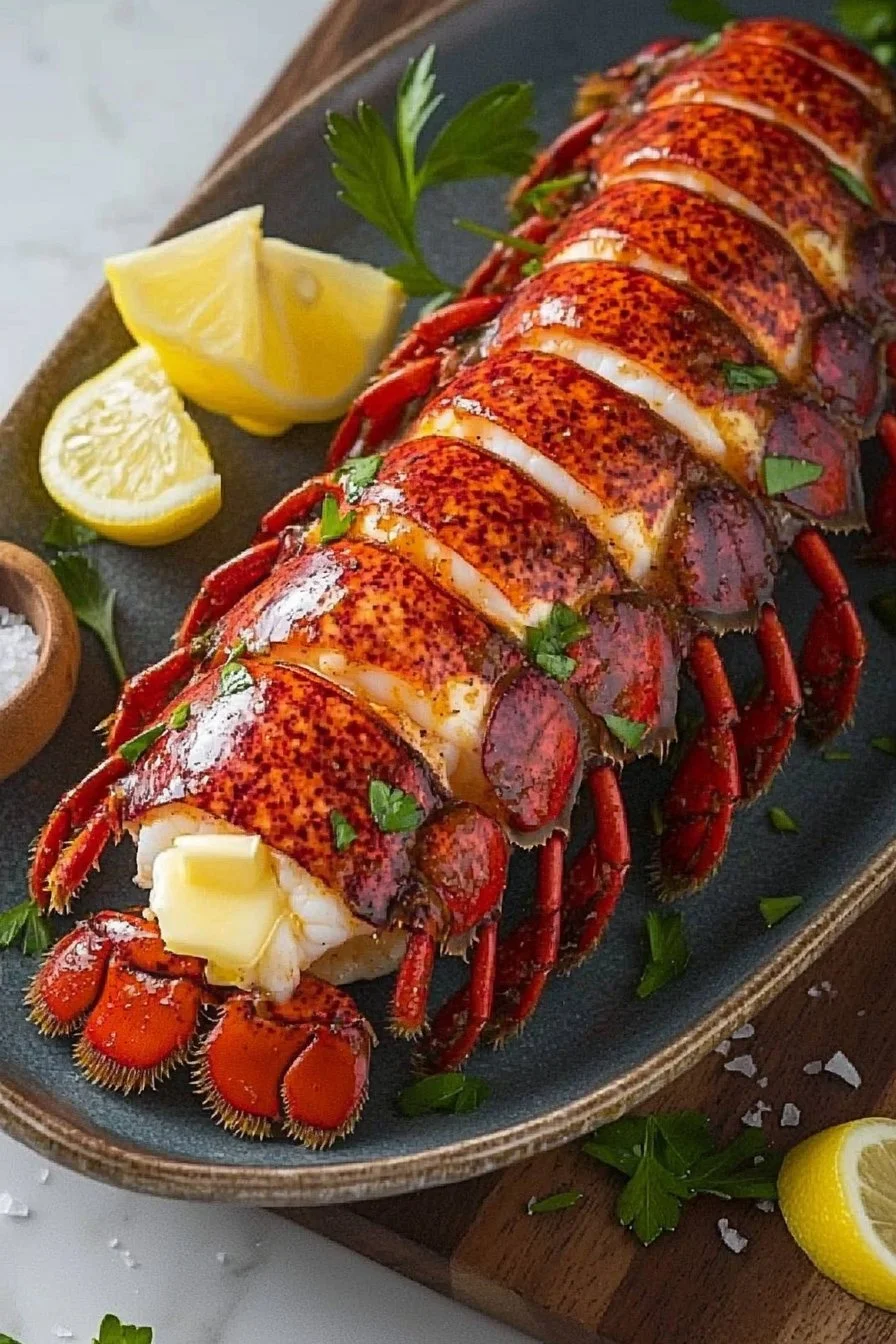 Delicious air fryer lobster tails served on a plate with lemon and herbs