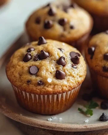 Freshly baked sourdough chocolate chip muffins on a rustic wooden table.