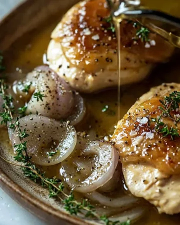 Plate of savory French onion chicken garnished with herbs and melted cheese