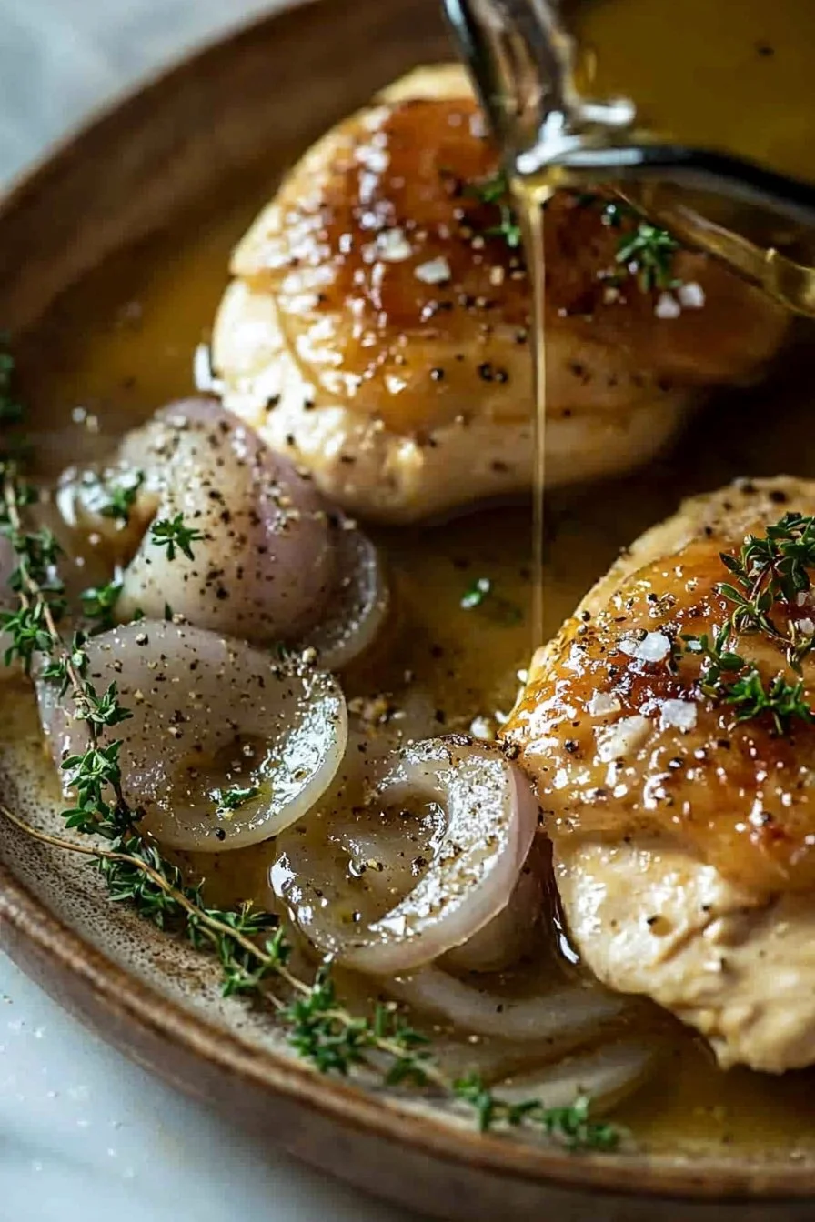 Plate of savory French onion chicken garnished with herbs and melted cheese
