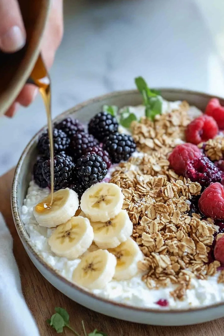 Colorful cottage cheese bowls with fresh fruits and toppings